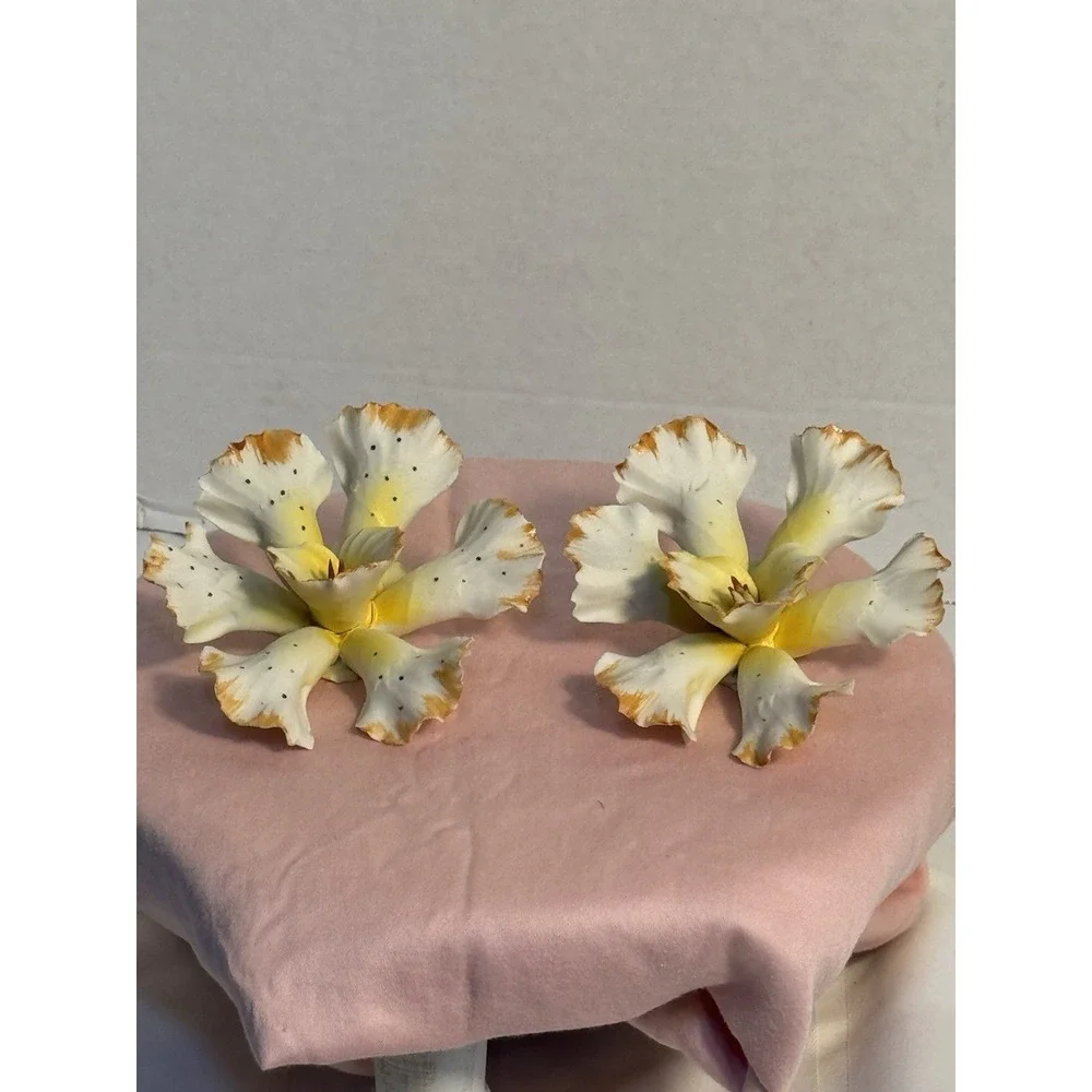 2 Vintage Capodimonte Porcelain Orchid Flower Delicate Bisque Yellow & White